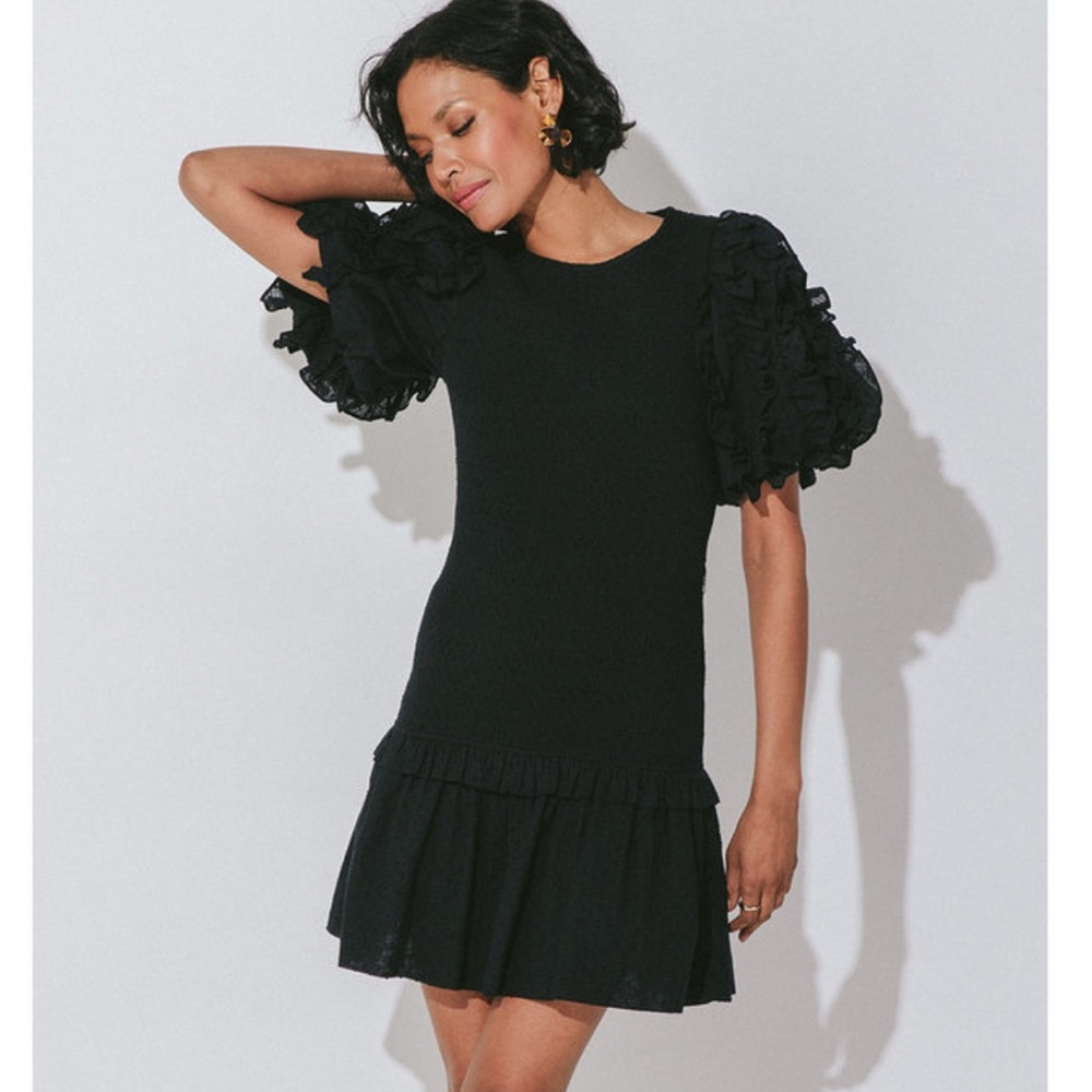 Cleobella Black Ruffle Puff-Sleeve Dress